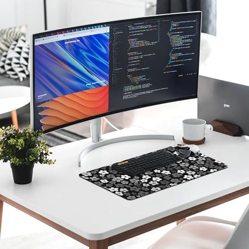 Image of Black White Flowers Extended Gaming Mouse Pad, with Stitched Edges Large Mouse Pad Desk Protector, Rubber Base Mousepad Keyboard Mouses Mat for Work Game Office Home- 32 inch X 16 inch Inch