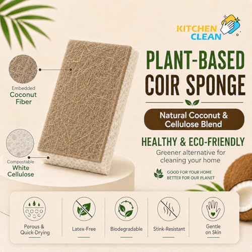 Image of Kitchen Clean Natural Coconut Coir & Cellulose Blend Dish Scrubber Sponge, Eco-Friendly Biodegradable Kitchen Cleaning Sponge, Non-Toxic Long-Lasting Scrub Pads for Utensils, Pots & Pans - Pack of 8