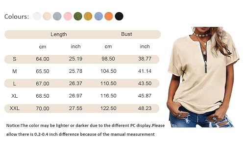 Gibly Women Zipper Design Short Sleeves V-Neck T Shirt Solid Casual Loose Basic Tops #TOP3