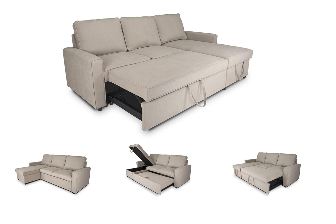 SAMIRA Divano letto angolare con contenitore, divano con chaise longue tortora mod. Kennedy