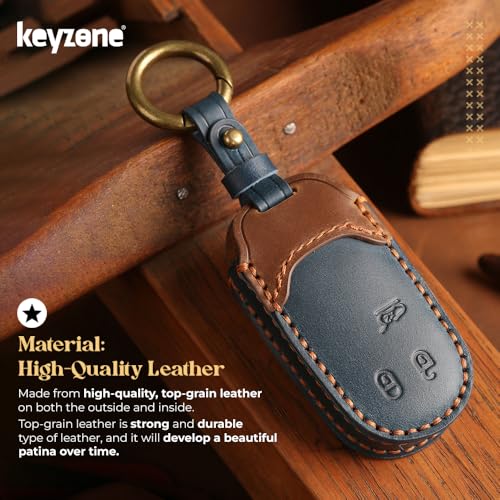 Image of keyzone dual leather key cover compatible for Jeep Compass, Compass Trailhawk smart key (BlueBrown)