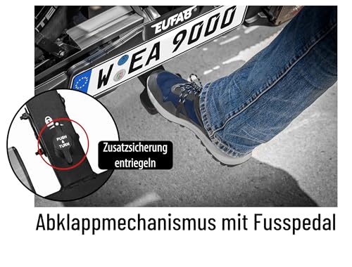 EUFAB 11554 Fahrradträger Bike Lift, E-Bike geeignet, komplett vormontiert, elektrische Absenkung, Diebstahlschutz, für 2 Fahrräder, für Anhängerkupplung, 2025 mit Strap-Rahmenhaltern