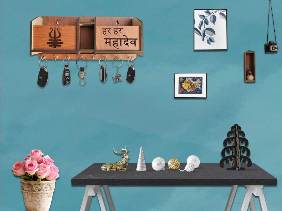 Image of Premium Har Har Mahadev Multipurpose Wooden Key Holder, Key Hanging For Wall Home, Living Room, Office Decor Key Holder Trishul Design Key Holder With Stainless Steel 8 Hooks Gift Item