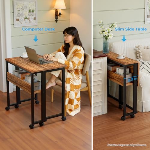 Image of GreenForest Folding Desk with Wheels, 24.8 Inch Compact Rolling Computer Table with Storage Shelf, Portable Mobile Workstation for Small Spaces, Easy Assembly,Walnut