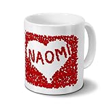 printplanet Tasse mit Namen Naomi - Motiv Rosenherz - Namenstasse, Kaffeebecher, Mug, Becher, Kaffeetasse - Farbe Weiß