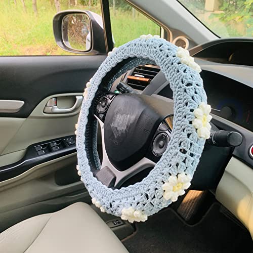 OnEternal Handmade Crochet Steering Wheel Cover for Women Girl Cute Blue Puff Flower Seat Belt Cover Car Interior Accessories Decorations. (Steering Wheel Cover)