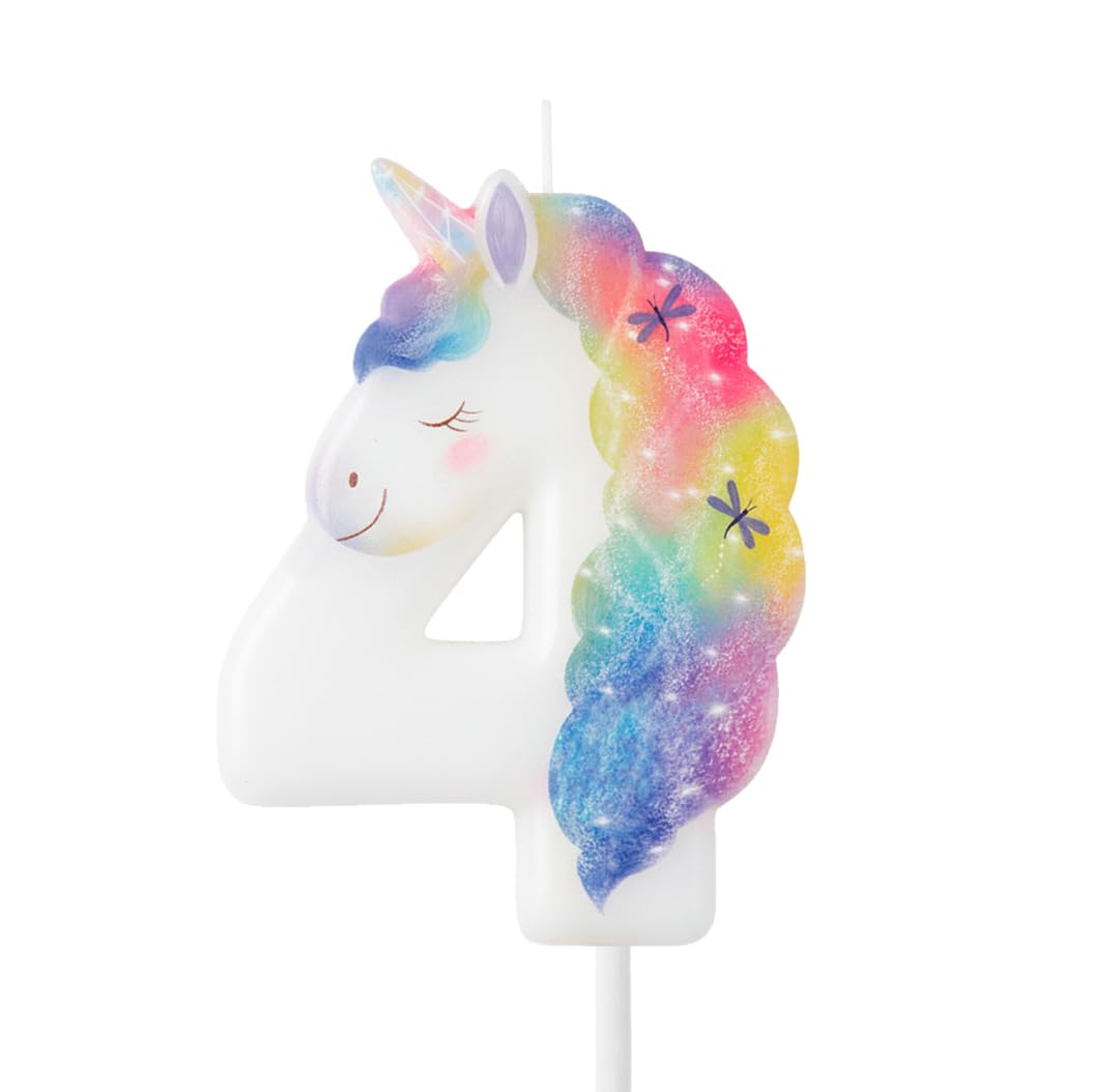 OH YEAH - Number 4 Unicorn Cake Candle - 6 cm - Children's Birthday Candle - White with Mane and Multicolour Horn - Unicorn Party Decoration