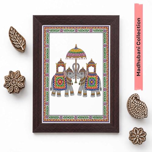 Image of PAPER PAJAMA Royal Elephant Vastu Wall Art for Living Room | Madhubani Elephant Pair Painting | Traditional Mithila Folk Art Framed Decor for Home, Office & Bedroom (10x13 Inches)