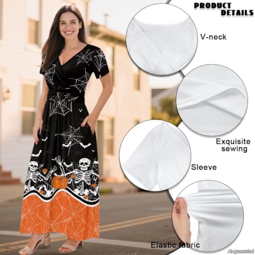 Image of Women's Fall Summer Short Sleeve Ankle Length V-Neck Party Dress with Pockets Size S-3XL