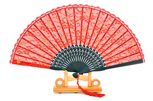 Medifier Lace Bamboo Handheld Folding Fans With hand made silk Fan cover Pouches and gift box Wedding Party Gift for Girls Women Red