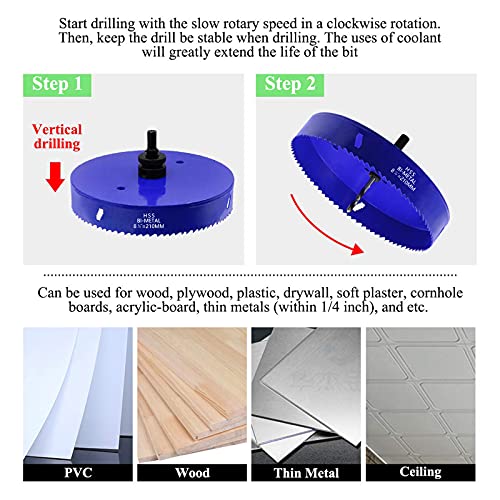 Image of 8-1 /4 Inch Hole Saw with Arbor, 1.2 Inch Cutting Depth | Heavy Duty, HSS Bi-Metal, For Wood Cornhole Boards Plastic Drywall & Thin Metal, Smoothly Cutting