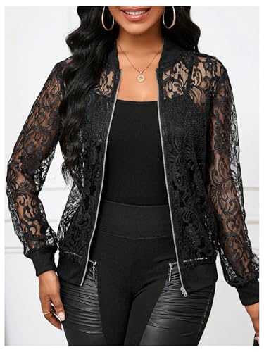 OYOANGLE Women's Lace Long Sleeve Bomber Jacket Stand Collar Sheer Zip Up Jackets Outwear4