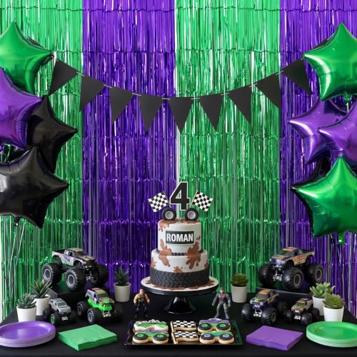 Image of TONIFUL 2Pcs Green and Purple Metallic Tinsel Foil Fringe Curtain Streamer | 3.3ftx6.6ft Photo Booth Backdrop Door Streamer for Birthday Graduation Baby Shower Cartoon Turtle Themed Party Decorations