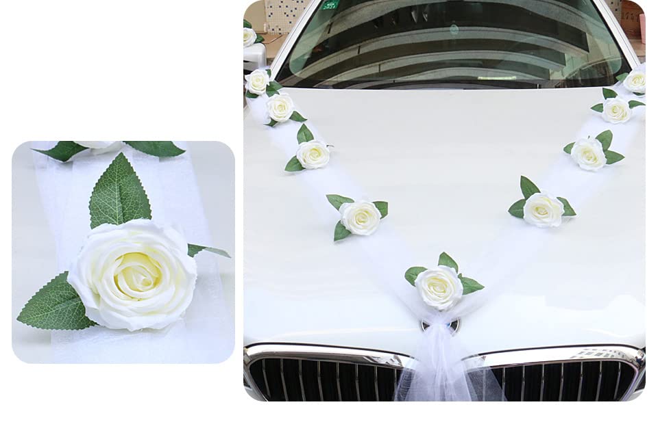 Yulakes Bijoux De Voiture Mariage En Organza Et Roses Artificielles - Décoration Florale Rose Pour Voiture De Mariés