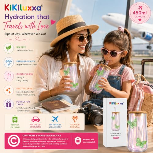 Image of KiKiluxxa 450ml Iridescent Glass Tumbler with Lid & Glass Straw | Premium Borosilicate Drinking Glass | Butterfly Design Cold Coffee Cup (Sage Glow Green)