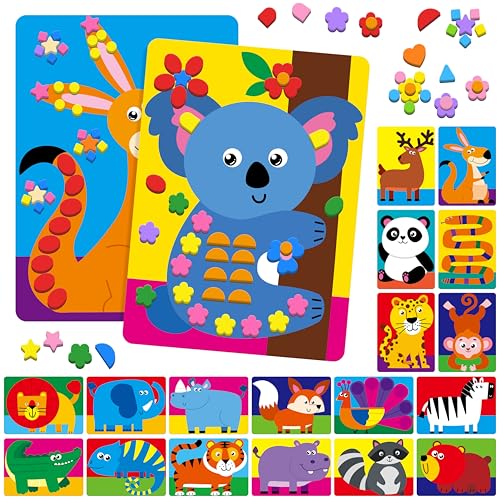 SpriteGru Foam Sticker Art Activity 20 Wild Animal Art Boards with 1660 Foam Stickers in 10 Colors Funny DIY Activity Creative Craft Kits Travel Game for Kids Boys & Girls