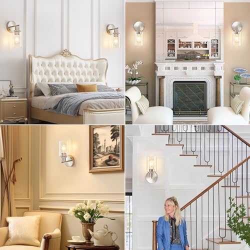 Image of DLLT Wall Sconces Set of Two: Modern Bathroom Vanity Light Fixtures - Nickel Vanity Lights with Clear Glass Shade - Farmhouse Wall Lamp for Bedroom Living Room Mirror Hallway Kitchen