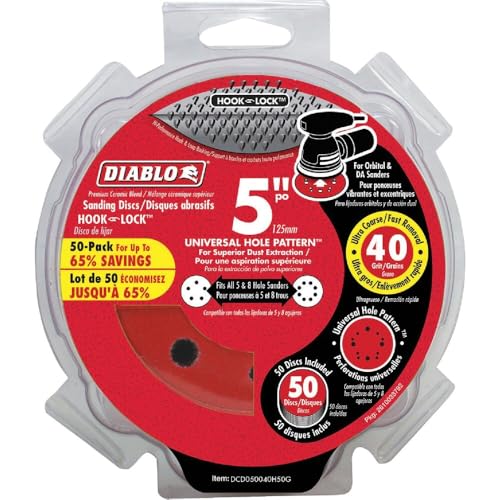 Diablo Premium Fast Sanding Discs with Hook & Lock Backing - for Extra Heavy Removal and Stripping - 5 40-Grit Ceramic Blend 50-Pack - DCD050040H50G