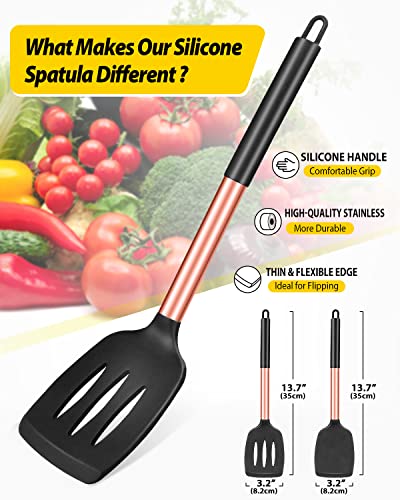 Image of Pack of 2 Silicone Solid Turner, Non Stick Slotted Kitchen Spatulas, High Heat Resistant BPA Free Cooking Utensils, Ideal Cookware for Fish, Eggs, Pancakes(Rose Gold Black)