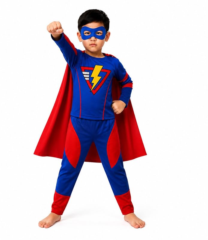 Image of Raj Costume Boys Superhero Costume Set with Mask | Blue & Red Full Sleeve T-Shirt with Track Pants | Kids Fancy Dress Costume for Birthday Party, School Function & Role Play
