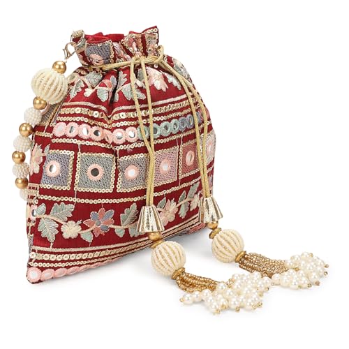 Image of LONGING TO BUY Indian Embroidered Pearl Potli Bag For Women, Sequence Design with Tassel, Wedding Potli Bags
