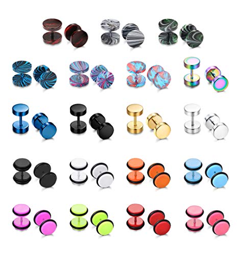 sailimue 19 Pairs Stainless Steel Men Earrings Studs Ear Piercing Plugs Tunnel Screw Design Fake Gauges Earrings Flat Back Stud Earring Set for Men Women2