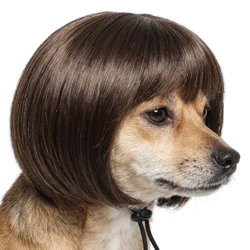 SULIKJHUI 1 Pcs Dog Wig Funny Trimmable Pet Costume Wig with Adjustable Elastic Bands Fits Small Medium Large Dogs and Cats Halloween Christmas Party Cosplay Accessory Brown