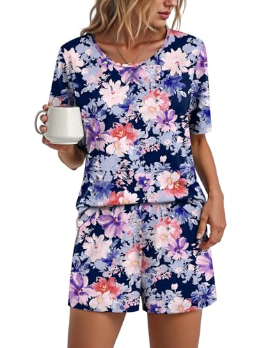 Image of Findsweet Pajama Set for Women 2 Piece Lounge Set Soft Sleepwear Summer Casual Short Pjs Sets with Pockets M-3XL