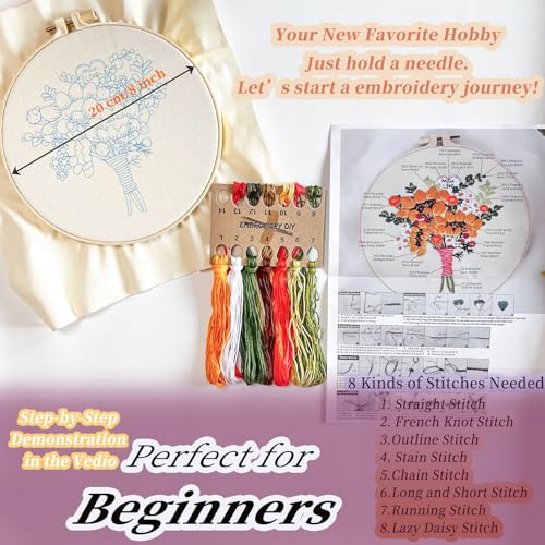 Image of FONNUY Bouquet Flowers Embroidery Kit Love Mom for Beginners, Pre-Stamped Pattern Kits for Adults with Hoop, Easy to Follow Color Thread Needlework, 8'' Hoop (Sunflowers)
