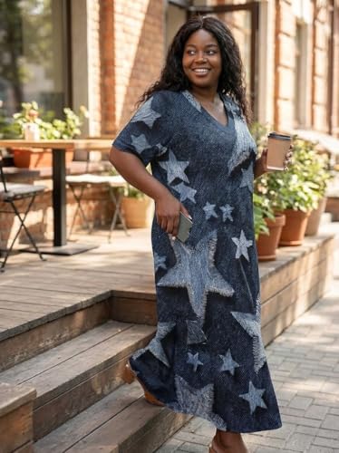 Image of Plus Size Maxi Dress for Women Short Sleeve V Neck Casual Loose Sundress with Pockets