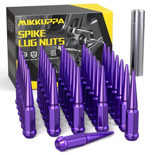 Image of MIKKUPPA M14x1.5 Wheel Spike Lug Nuts, 32 PCS Purple Spiked Lug Nuts 14mmx1.5 Solid 4.4 inch Tall Acorn Lug Nut with 1 Socket Key Replacement for Chevy Silverado 1500 2500 3500, F150 F250 F350