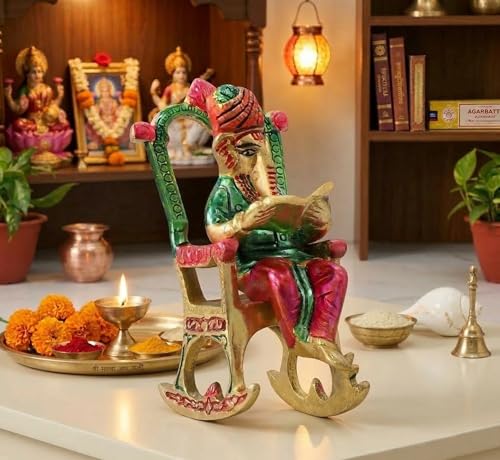 Image of KridayKraft Metal Chair Ganesh ji Reading Book with Meenakari Work,Ganesha Metal Statue for Pooja & Home, Office Decor, Car Dashboard Religious Showpiece for Decoration & Gifting Article