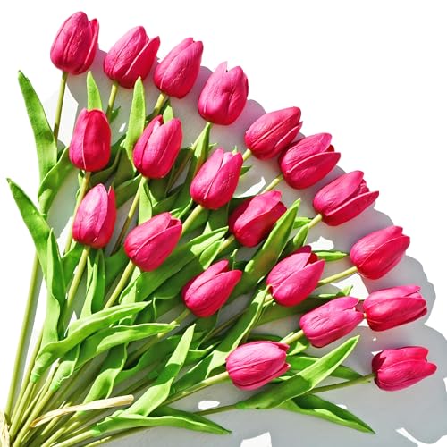 Image of ONLY ART Artificial Hot Pink Tulips 20 Pcs - 13.5 Inch PU Faux Flowers with Bendable Stems for Home Decor, Wedding Centerpieces, DIY Floral Arrangements, New Year and Valentine's Day