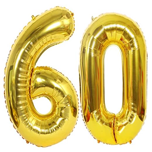 2 globos con el número 60 dorado para cumpleaños XXL de 100 cm, globos con número 60, globos dorados para decoración de cumpleaños
