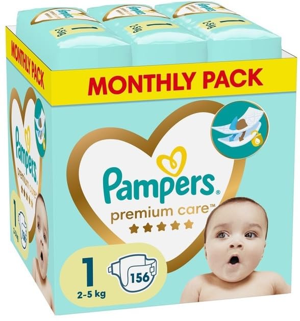 Pampers - Premium Care - Talla 1 - Mensual Box - 156 pañales