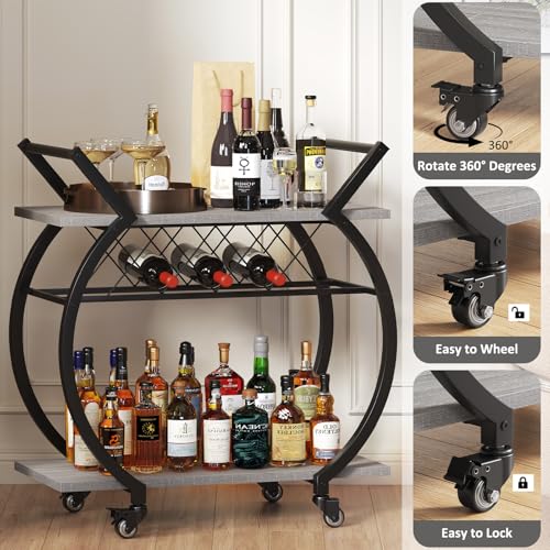 Image of LVB Bar Carts for the Home, Industrial Wine Cart with Storage, Grey Oak