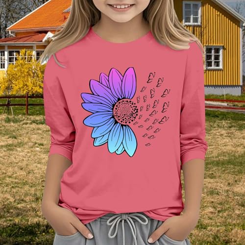 Girls Graphic Tees 3/4 Length Sleeve Crew Neck Tops Blouses Floral Summer Casual Tshirts Loose Athletic Tunic Tops3