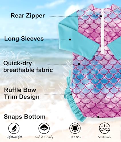Image of BesserBay Baby Girl Swimsuit UPF 50+ Long Sleeve Zipper Snaps Bottom One Piece Rash Guard 0-36 Months