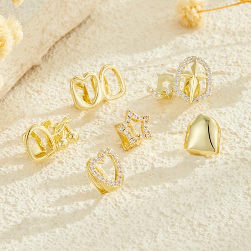 6PCs Grillz for Women Hip-Hop Punk Rhinestones Cross Grillz Hollow Out Heart Star tooth cap Gold Plated Silver Grills for Your Teeth4