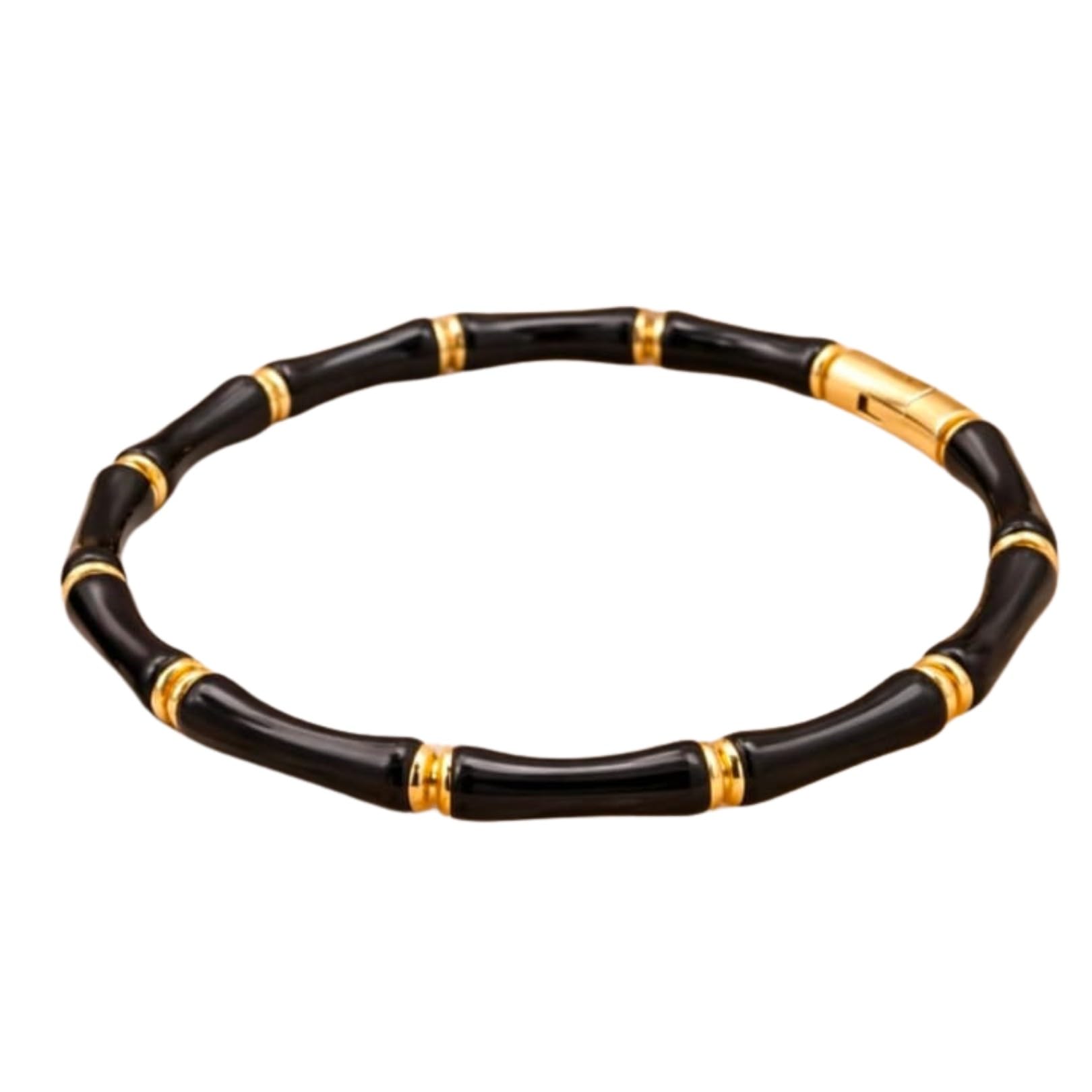 Black Bamboo Bead Bracelet Gold Tone Stainless Steel Unisex-image-36