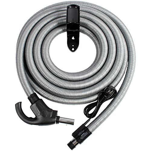 Cen-Tec Systems Central Vacuum Universal Connect Electric Hose with Flush Handle and Hose Hanger, Silver, 30 Ft. w/Flush Handle and Pigtail (97184)