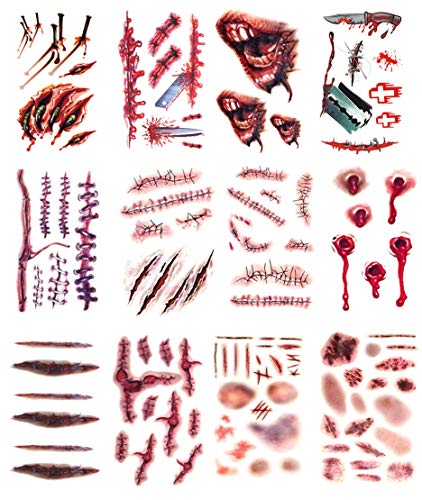 Tatuajes Temporales 12 Hojas Halloween Zombie Cicatrices Tatuajes Pegatinas con Falso Scab...