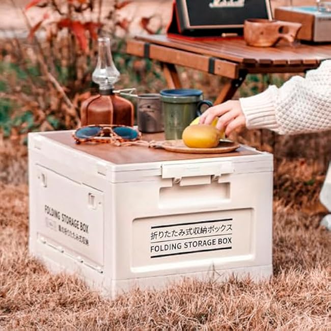 25 Quart Foldable Plastic Storage Bin with Imitation Wooden Lid Foldable and Stackable Storage Box Organizer for Outdoor Camping Home and Office