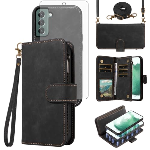 Coque Samsung S22 Plus Asuwish portefeuille zippé avec cordon et verre