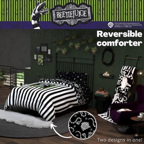 Image of Franco Collectibles Beetlejuice Halloween Striped Bedding 5 Piece Super Soft Reversible Comforter and Sheet Set, Full, (Officially Licensed Product)