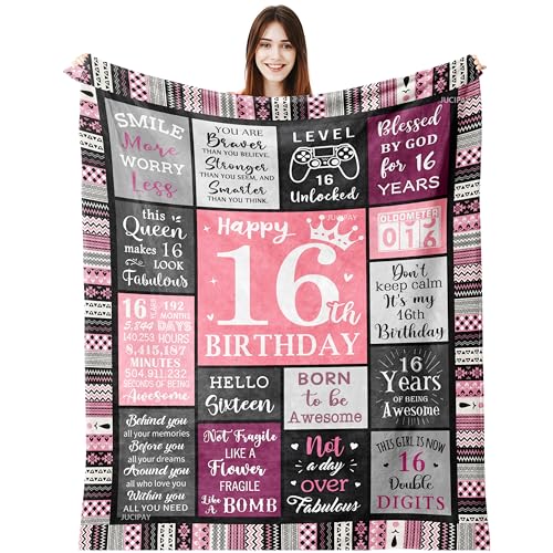 JUCIPAY Sweet 16 Gifts for Girls, 16th Birthday Gifts for Girls, 16 Year Old Girl Birthday Gift Ideas, Sweet Sixteen Party Decorations Blanket 60