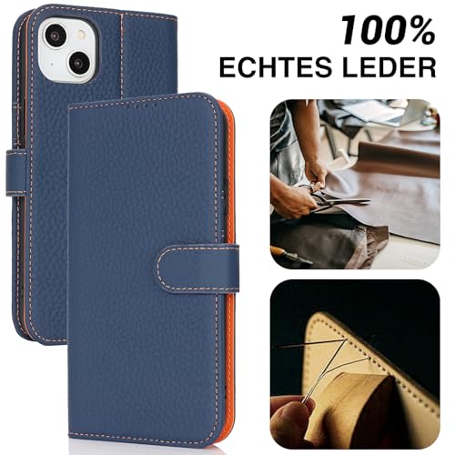Etui coque pour iPhone 15 ELTEKER en cuir véritable bleu foncé à rabat