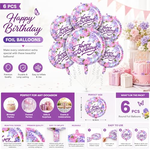 Image of Rozi Decoration Happy Birthday Foil Balloons Round Printed Floral Design with Butterfly Theme, 18 Inch Helium Support Party Decoration Balloons - Pack of 6 Pcs