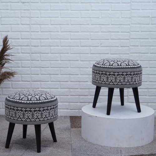 Image of Stool Ottoman Pouffes for Living Room, Kitchen, Home, Office Furniture with Soft Cotton Cushion Mudda Footrest Stool for Chair Sofa Bed Dressing Decor, Mandala Grey (17 Inch Pack of 2)