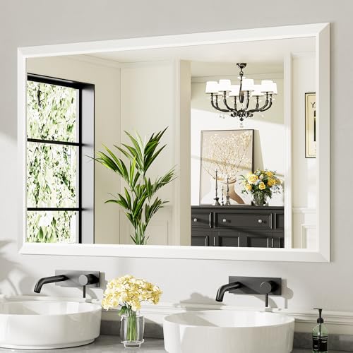 Image of 55x36 Inch White Bathroom Mirror for Wall, Thick Metal Framed Rectangle Mirrors for Over Sink, Bedroom, Living Room, Entryway, Anti-Rust, HD Tempered Glass
